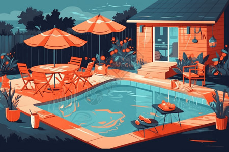 别墅后院别墅的的游泳池插画