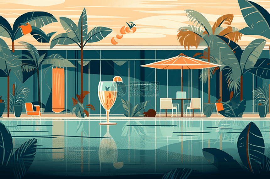 度假酒店的泳池插画图片