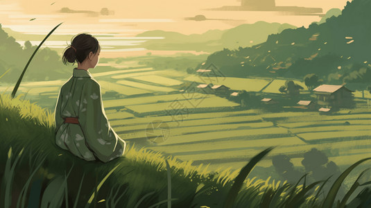 一个汉服小女孩看着绿色稻田图片