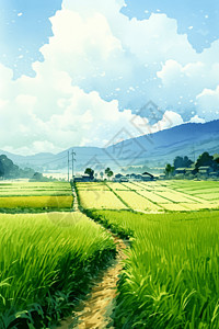 蓝天下的绿色稻田图片