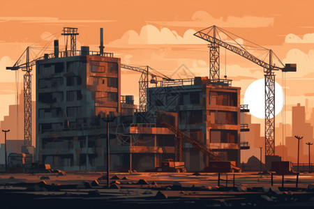 夕阳下的建筑工地插画高清图片