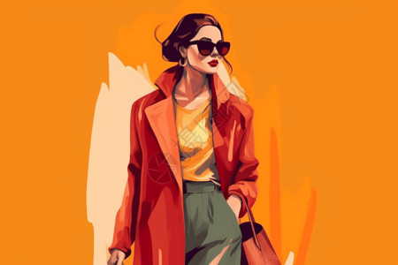 橙色背景下的模特插画图片