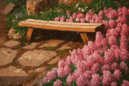 木凳素材花园中粉红色风信子插画