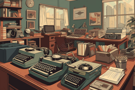 复古打字机复古风格办公室的平面插图插画