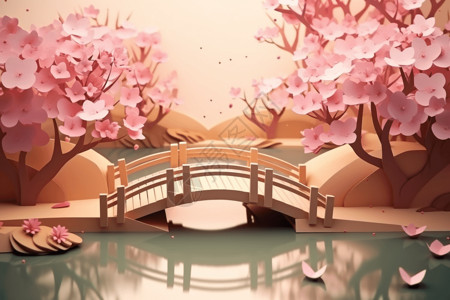 樱花3d宁静的花园场景插画