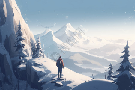 雪地里背着包冒险的卡通人物背景图片
