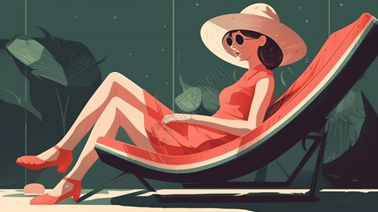 坐在沙滩椅上的女孩夏季时尚女孩躺在躺椅上插画