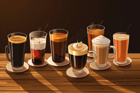 咖啡茶饮桌子上不同类型的咖啡饮料插画