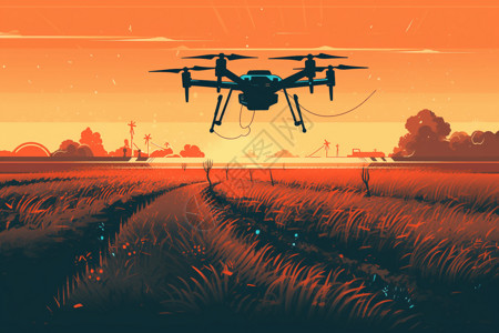 无人机施肥插画风无人机在农场上工作插画