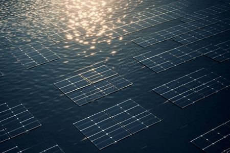 安装在湖上的一组太阳能电池板高清图片