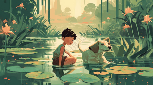男孩在西瓜里一个男孩和他的狗在池塘里嬉戏插画