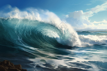 水花浪花元素一股巨浪逼近海岸线背景