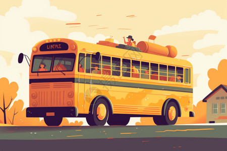 学生交通安全乘坐校车的学生插画