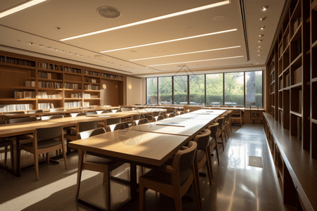 大型图书馆自习室的大型公共桌子和符合人体工程学的椅子背景