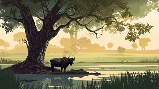 一只孤独的水牛在树荫下的稻田里休息图片