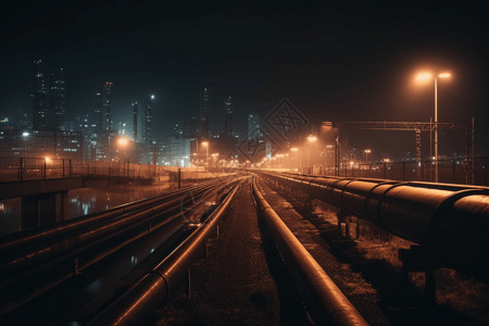 灯火通明的夜间工业区图片