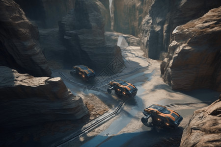 一组悬停的汽车在峡谷中赛车图片