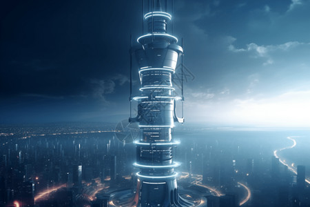 一座高塔科技蓝色太空电梯设计图片