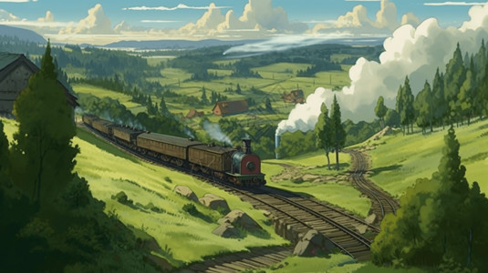 蒸汽风漫画风火车行驶在山野中插画