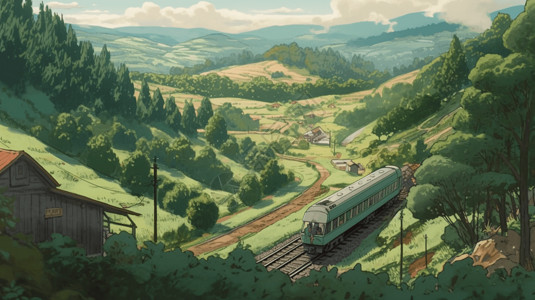 火车通过山野中背景图片