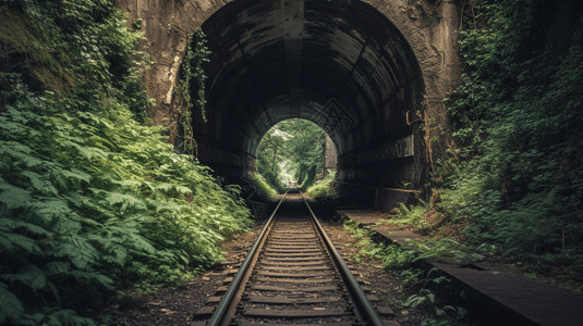 长满苔藓轨道长满植物的铁路隧道背景