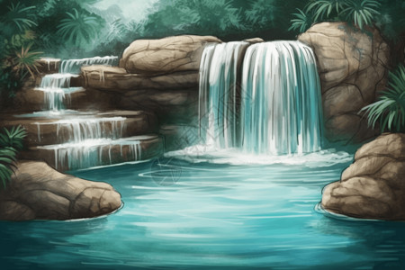 户外景区景区的瀑布游泳池插画