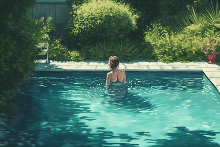 炎热夏日在泳池里的少女图片