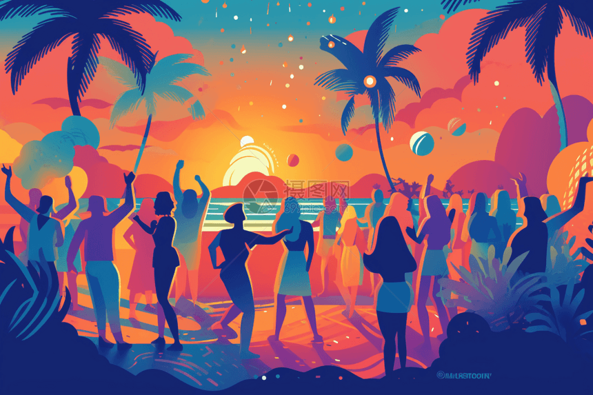 一个海滩派对的平面插图图片
