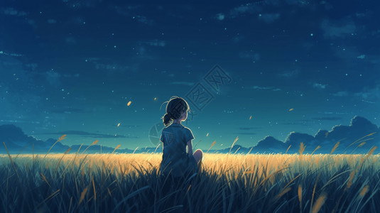 仰望天空的女孩在田野中仰望星空的女孩插画