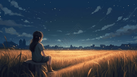 夜晚在稻田上的女孩高清图片