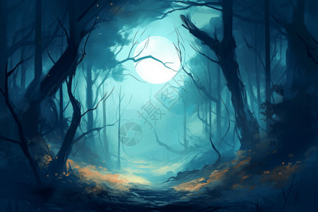 朦胧月色下的森林背景图片