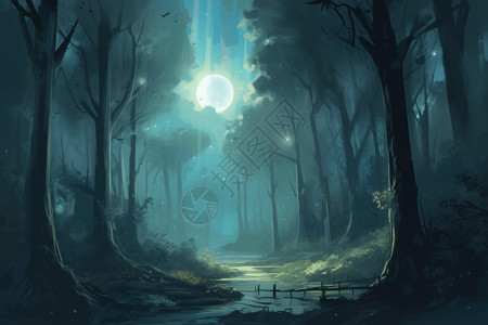 月光下的森林溪流图片