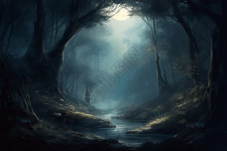 夜晚小路月光下的森林背景设计图片