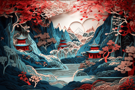 中国山川美景中国风纸雕美景插画