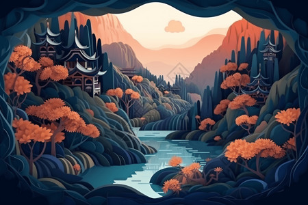 山川剪纸景色背景图片