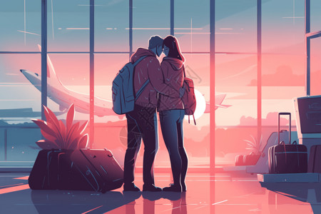 在机场拥抱的恋人插画