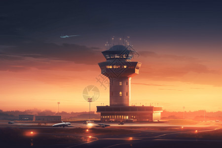 日出的机场控制塔插图图片