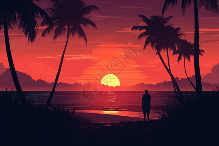 椰树剪影一个人站在海滩上插画