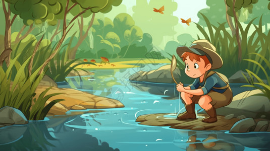 背着渔网的男孩男孩蹲在一个小池塘边插画