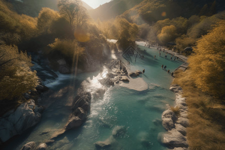 河里游泳的人温泉的鸟瞰设计图片