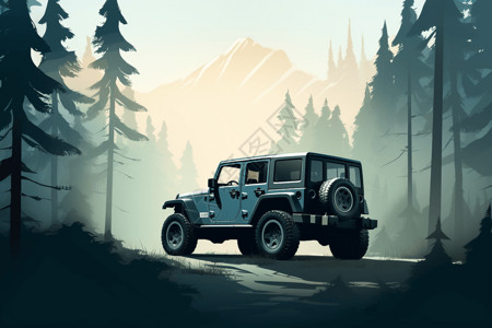 jeep牧马人森林深处的吉普车插画