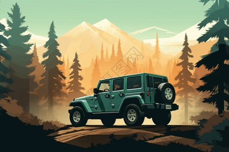 jeep牧马人正在穿越森林的越野车插画