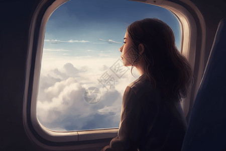 飞机上的云层看着机舱外风景的女孩插画