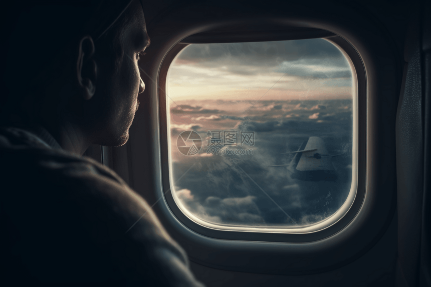 旅行者凝视着飞机的窗户图片