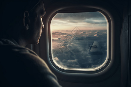 飞机外旅行者凝视着飞机的窗户插画