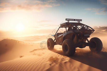 黄昏下沙漠车穿越沙漠背景图片