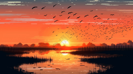 湿地候鸟一群候鸟飞过大草原插画