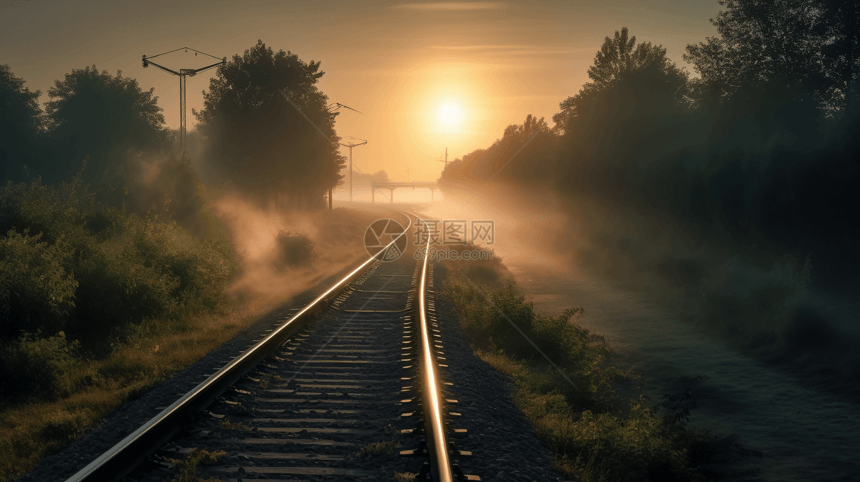 夕阳下铁路蜿蜒图片