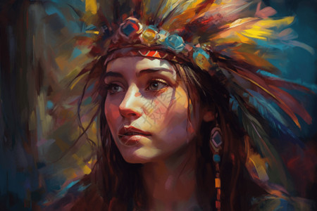 油画土著女性头饰图片