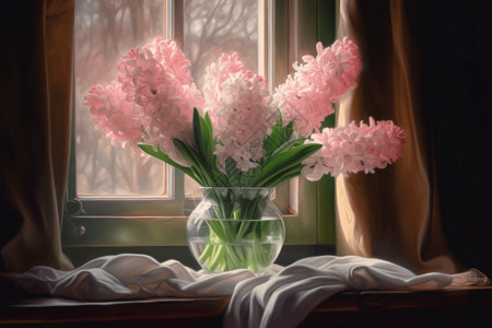 桌子上粉红色和白色风信子花瓶图片